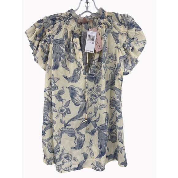 Philosophy Republic Clothing Size XS Floral Ruffle Sleeve Blouse Ivory Blue New - Picture 1 of 8